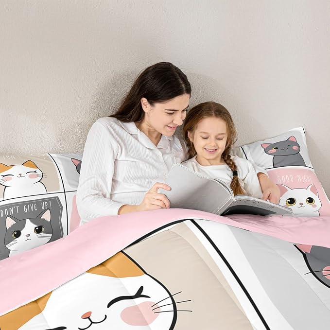 Erosebridal Kawaii Cats Comforter Set King,Pink Grey Cute Little Cat Down Comforter Adorable Kitten Animal Bedding Set for Kids Boys Girls Patchwork Cartoon Doodle Quilt Duvet Set with 2 Pillow Cases - Image 5