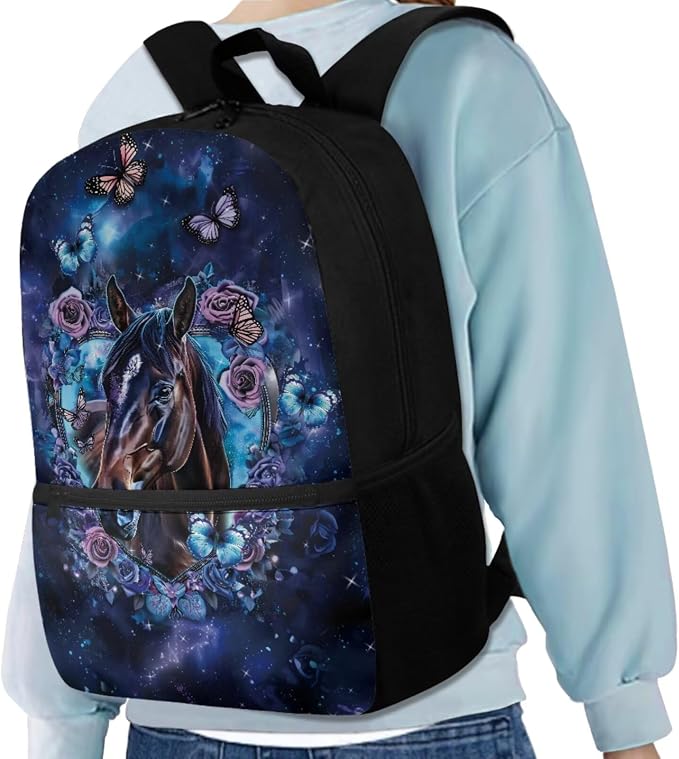 Galaxy Horse Backpack for Girls Kids Backpack with Lunch Box Water Bottle Holder and Soft Pencil Case 4PCS Set Bookbag with Front Pocket for School Teens 17" Sturdy School Bag with Side Pocket - Image 2