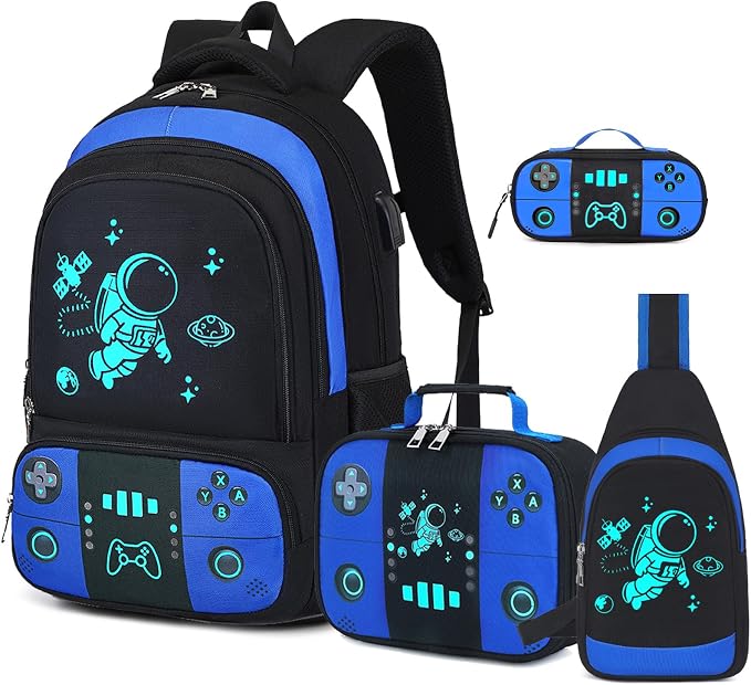 Bevalsa Backpack for School Boys, Cool Luminous Gamer Boys Schoolbag with Sling Bag,Lunch Box & Pencil Case for Kids Children Teens Elementary Middle School(Blue Astronaut Backpack with Shoulder Bag) by Bevalsa