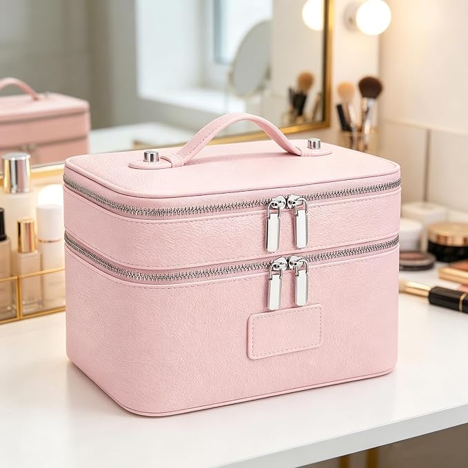 Makeup Case,Leather Double Layer Makeup Bag Duo,Large Portable Travel Toiletry Case Cosmetic Organizer for Women - Image 6