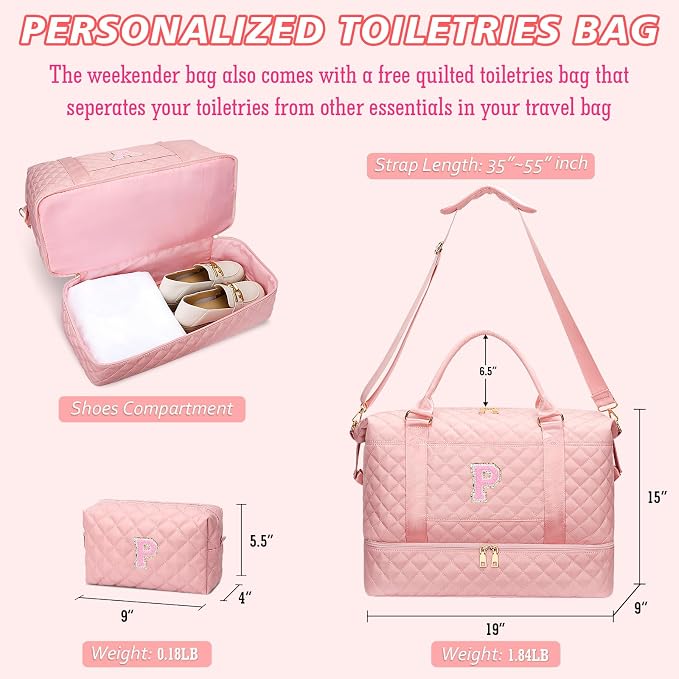 Gifts for Women Teen Girls Birthday Christmas Initial Travel Duffle Bag Quilted Weekender Bags Carry-On Overnight with Cosmetic Bag, Gym Bag with Shoe Compartment, Pink-P - Image 7