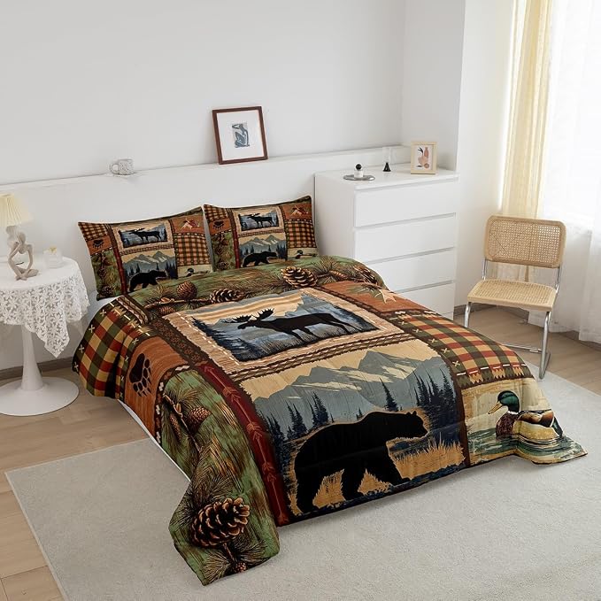 Bear Comforter Set Twin for Teens Boys,Rustic Moose Duck Bedding Set for Cabin Lodge,Retro Hunting Animal Bedding Comforter Sets,Southwest Buffalo Plaid Check Patchwork Duvet Insert with 1 Pillow Sham - Image 3