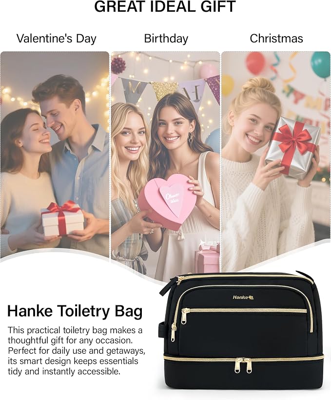 Hanke Travel Toiletry Bag, Lightweight Wide-open Makeup Bag, Dual-Layer Travel Bag for Toiletries Water-Resistant Cosmetic Bags Large Toiletry Bags for Women & Men, Travel Essentials, Black - Image 10