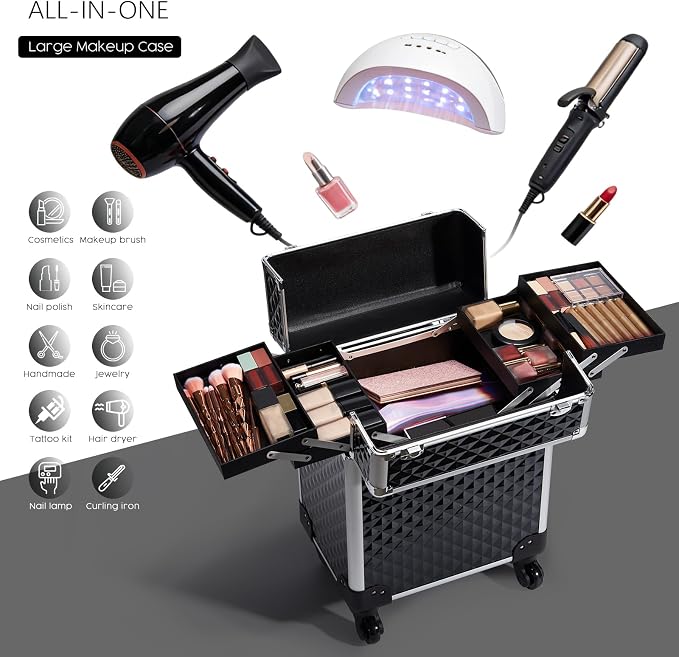 Rolling Makeup Train Case Large Cosmetic Trolley Organized Aluminum Barber Case for Hairstylist Makeup Nail Tech Salon with Keys Swivel Wheels Traveling Cart Trunk - Black - Image 9
