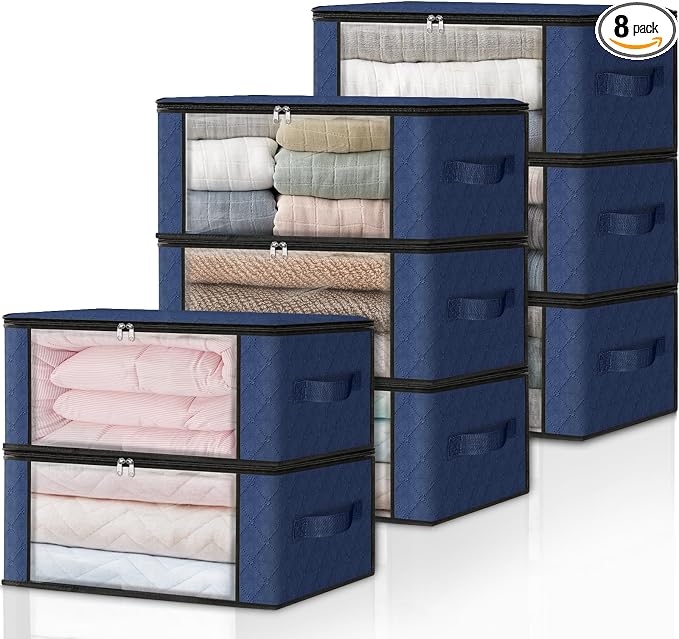 HomeHacks Storage 8-Pack Clothes Organizer Storage Bags Foldable Storage Box with Large Clear Window Sturdy Handles for Closet, Dorm, Pillows, Bedding, Clothes, Blankets, 35L, Blue by HomeHacks