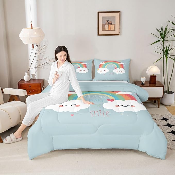 Girls Rainbow Comforter Set, Cartoon Blue Quilted Comforter Queen Size For Kids Boys Women Bedroom, Love Heart Bedding Set Kawaii Room Decor Rainbow Cloud Duvet Sets With 2 Pillow Cases - Image 3