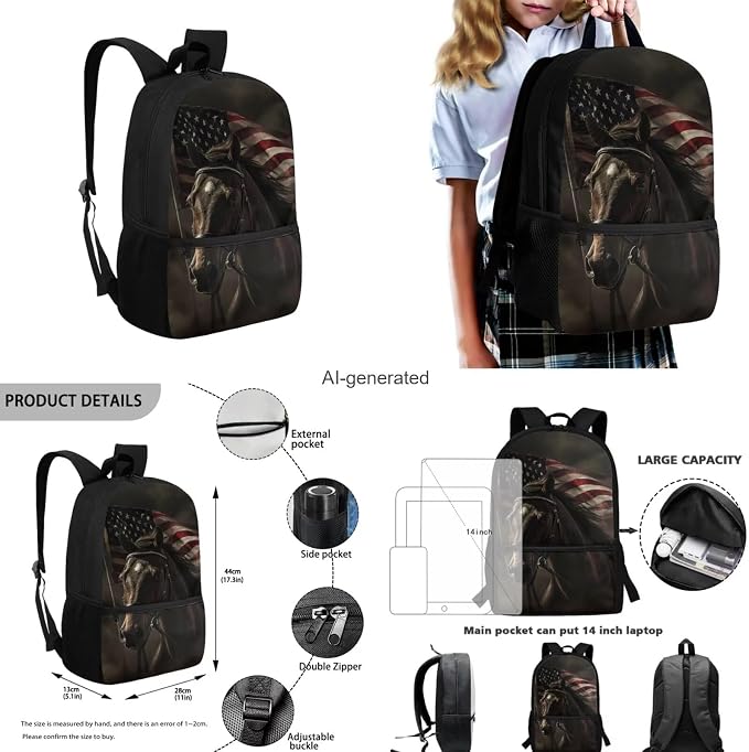 American Flag Horse Backpack for Boys Kids Backpack with Lunch Box Water Bottle Carrier and Soft Pencil Case 4PCS Set Bookbag with Front Pocket for School Teens 17 inch Lightweight School Bag - Image 3