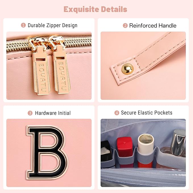 BOYATU Makeup Bag Gift for Women: 3-in-1 Travel Personalized Cosmetic Bag | Initial Make up Bag - Monogram A-Z - Vegan Leather Flat Open Toiletry Organizer - Ideal Gift Set for Birthday Graduation - Image 7