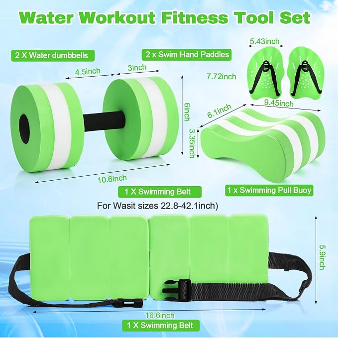 7 Pcs Pool Exercise Set Including 2 Lightweight Aquatic Dumbbells, 2 Swimming Hand Paddles, Pull Buoy, Pool Mesh Bag Swim Belt Sport Equipment for Water Aerobics Exercise - Image 2