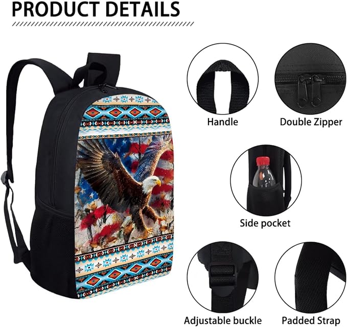 Aztec Eagle American Flag Print 3 In 1 Schoolbag Set for School or Travel with Lunch Bag and Pencil Case, Large Lightweight Independence Day Backpack Set, Durable School Bookbag Set - Image 4