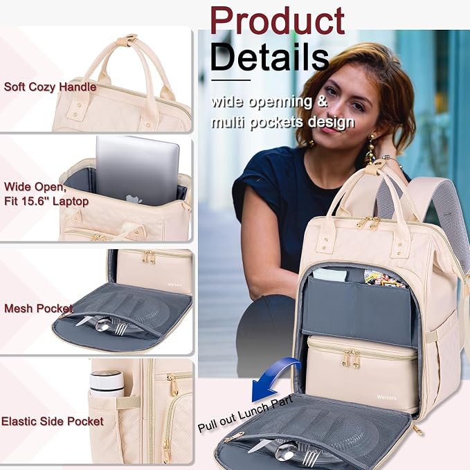 Weitars Lunch Backpack For Women,15.6 Inch Laptop Backpacks For Womens Back pack, Travel Backpacks,Work Back packs For Women (Beige) - Image 7