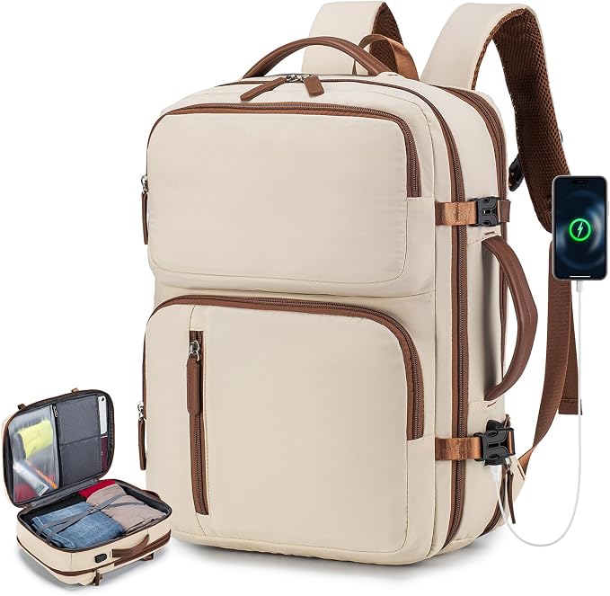 43x33x15cm Personal Item Bag Expandable 30L Travel Backpack 17x13x6 Inches Underseat Bag for Airlines Lightweight Carry on Luggage Water Resistant Flight Approved for College, Weekender Beige by BAGZY