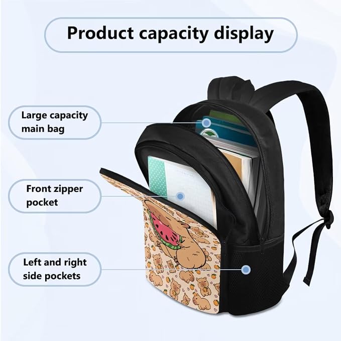 Capybara Watermelon Backpack Set for Girls Include Insulated Lunch Bag and Pencil Box and Water Bottle Bag, Kids 4 Pcs School Bookbag Outdoor Travel Bags Casual Daypack - Image 2