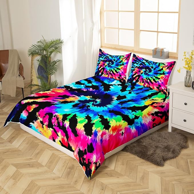 Purple Tie Dye Bedding Set Queen,Blue Tie Dye Duvet Cover Spiral Tie Dyed Printed Comforter Cover Set,Boho Hippie Bed Set Abstract Art Theme Quilt Cover Set with Zipper(Watercolor Rainbow Tie Dye) - Image 2