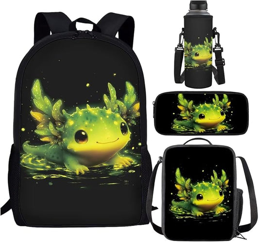 Green Axolotl Backpack with Lunchbox for Girls 4-6/6-8/8-10 Kids Bookbag and Lunch Box Set 4 in 1 Elementary Back Pack 17in Little Kids Book Bags Lunch Bag Pencil Case Water Bottle Holder by SCRAWLGODDreamWardrobe