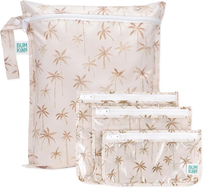 Bumkins - Waterproof Wet Bag & Clear Travel Bags - For Beach, Baby, Travel, Swim Suit, Cloth Diapers, Pump Parts, Pool, Gym, Toiletries - Reusable & Easy to Clean - Palm Trees - 4 Pack by Bumkins
