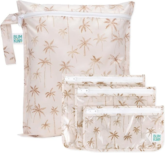 Bumkins - Waterproof Wet Bag & Clear Travel Bags - For Beach, Baby, Travel, Swim Suit, Cloth Diapers, Pump Parts, Pool, Gym, Toiletries - Reusable & Easy to Clean - Palm Trees - 4 Pack by Bumkins