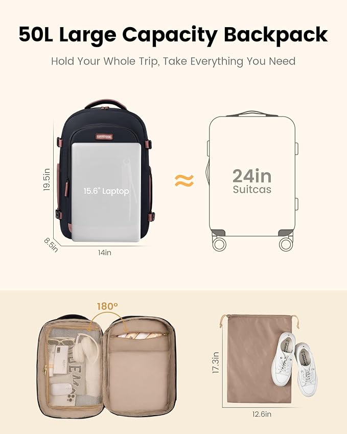 LOVEVOOK 50L Travel Backpack for Men & Women, Airline Approved Carry On Luggage, TSA Personal Item Bag fits 17 Inch Laptop, Waterproof Weekender Overnight Suitcase for Work, Black - Image 8