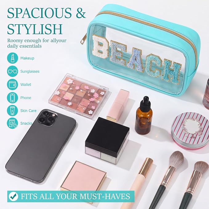Kacctyen 10 Pcs Beach Clear Makeup Bags with Zipper in 5 Assorted Colors, Chenille Letter Sunscreen Bags Bulk, Waterproof Clear Toiletry Bag for Women Beach Pool Trip & Summer Birthday Party Favors - Image 3