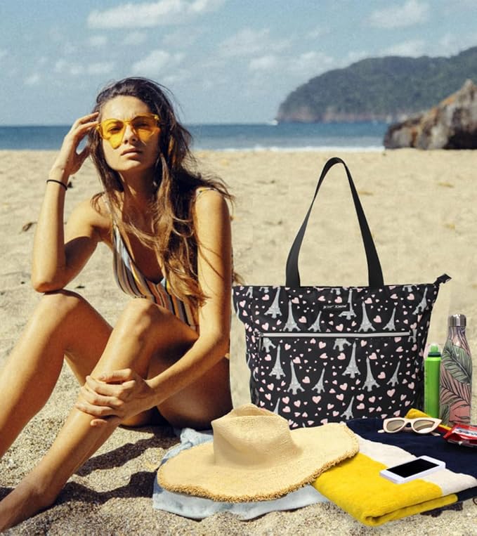 Betsey Johnson 15.6 Inch Zipper Beach Tote Bag Lightweight Large Durable Polyester with Mesh Side Pockets for Gym Work | 15.6 Inch - Image 7