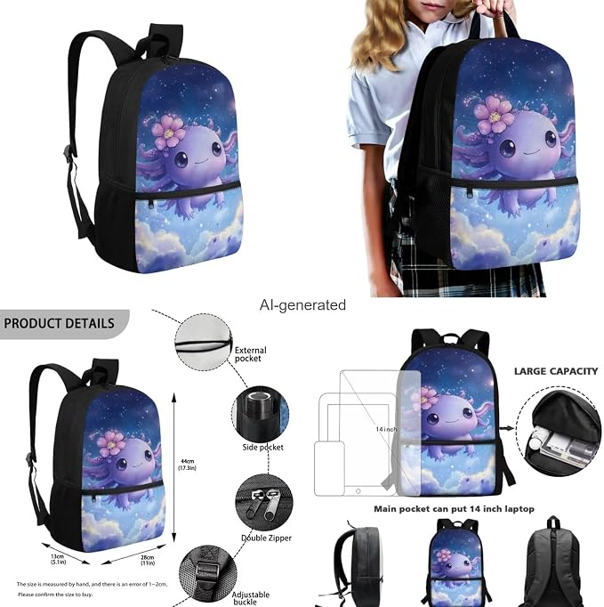 Purple Axolotl Backpack for School Girls 5Th Grade with Lunch Bag Pencil Box Bookbag 3 In 1 Sets for Age 3+ Children Teen Portable Travel Bookbag for Kids, Fit Middle School for Students - Image 3