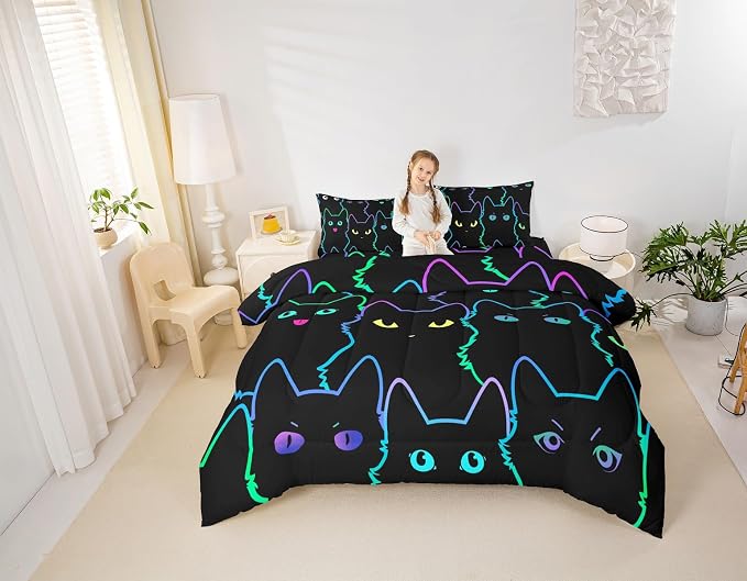 Erosebridal Cute Cat Kids Comforter Neon Rainbow Line Cat King Bedding Set for Boys Girls Teen Cartoon Kawaii Cats Toddler Bed Set Colorful Animals Quilt Set Reversible Black,2 Pillow Cases - Image 3