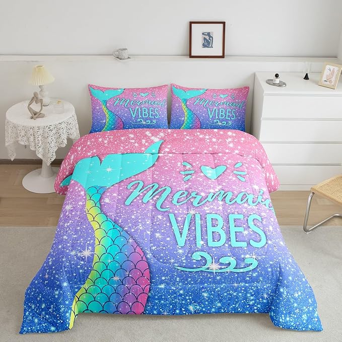 Girls Mermaid Tail Comforter Set Full Kawaii Coastal Fish Scales Bedding Set Glitter Star Galaxy Comforter Blue Pink Pastel Ombre Set Princess Bed Set Ocean Animal Quilt Duvet 2 Pillowcases Teal - Image 2
