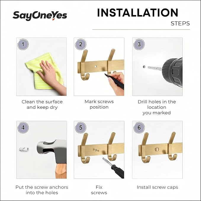 Brushed Gold Wall Mounted Coat Rack – 17 Inch Stainless Steel Rail with 6 Double Coat Hooks for Entryway, Bathroom, Bedroom, Kitchen – Modern Gold Hook Rack for Coats, Hats, Towels - Image 7