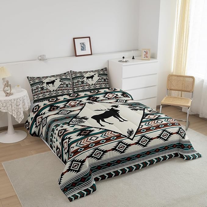 Erosebridal Rustic Moose Comforter Set for Cabin Lodge Southwest Bedding Set Aztec Geometric Tribal Quilt Farmhouse Hunting Animal Duvet Insert with 1 Pillowcase Lightweight Warm,Twin - Image 3