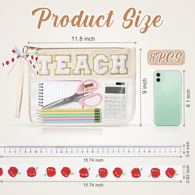 8 Pcs Teacher Appreciation Gifts Teach Chenille Letter Makeup Bag Monogram PVC Clear Zipper Pouch Wristlet Travel Cosmetic Bag Graduation Thank You Teacher Gift for Women (White Gold Letter) - Image 3
