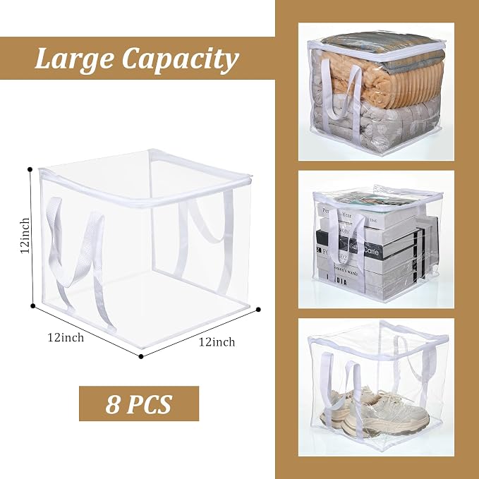 Windyun 8 Pcs Clear Zippered Organizers 12''x12''x12'' Moving Bags with Reinforced Handles Heavy Duty Storage Cube Tote Storage Bags Bins for Clothes Moving Supplies Linens Shoes Closet Organizer - Image 2