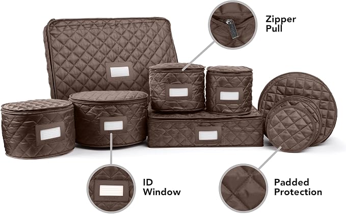 Covermates Keepsakes Dish Storage Set – Padded China & Dinnerware Storage Cases with Dividers, Cup & Stemware Storage, Quilted Polyester Protection, ID Window, Bronze - Image 2