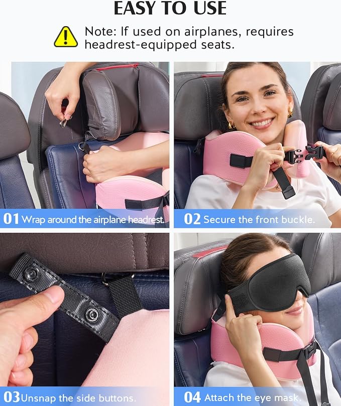 YFONG Travel Pillow for Long Flights, Patented 360° Ergonomic Sleeper Hold Head Support System with Memory Foam Neck Pillow & 3D Sleep Mask, Prevent Head Bobbing for Airplane & Road Trip, Pink - Image 7
