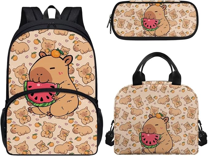 Primary Middle School Backpack with Lunch Box Pencil Case 3 In 1 Capibala Watermelon School Bag Book Bag Large Capacity Student Bookbags Casual Shoulder Bags Daypack by Wideasale