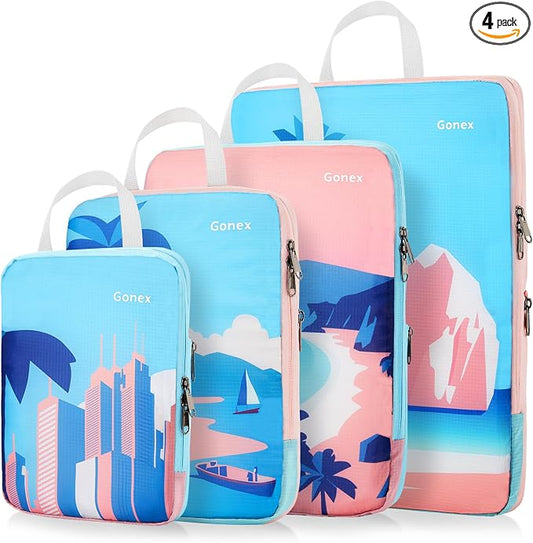 Gonex Compression Packing Cubes, 4pcs Expandable Storage Travel Luggage Bags Organizers, Travel Cubes for Suitcase Carry On (Coconut Palm) by Gonex