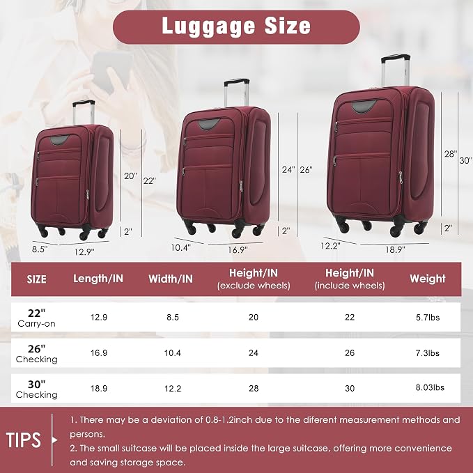 Merax Softside Luggage Set Lightweight 3 Piece Suitcase with Duffel Bag | Expandable Upright Travel Spinner Luggage 22" 26" 30",Red - Image 3