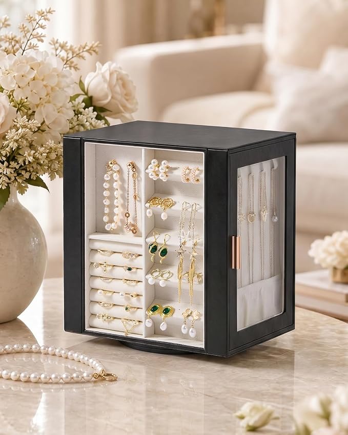 CASEGRACE 360° Rotating Jewelry Box Organizer, Jewelry Storage with 5 Drawers, Clear Window, Jewelry Display Case for Bracelets, Necklaces, Earrings, Rings, Black - Image 5