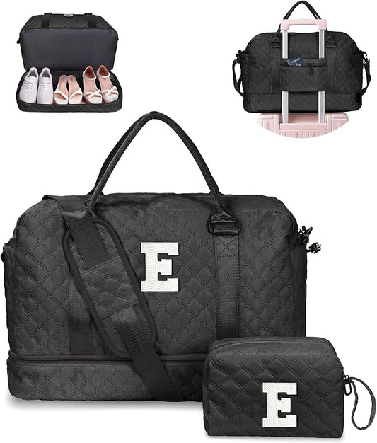 Initial Duffle Bag with Shoe Compartment, Personalized Weekender Bag with Shoulder Strap, Overnight Bag for Women with Trolley Sleeve & Wet Pocket, Travel Bag with Makeup Bag (Letter E) by Vogewood