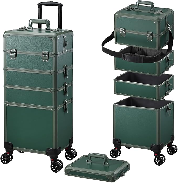 Rolling Makeup Case Makeup Train Case with Lid 5 in 1 Cosmetology Case on Wheels Cosmetic Trolley Organizer Large Makeup Organizers Case Profesional Cosmetic Case for Salon Barber Nail Beauty, Green by Frenessa