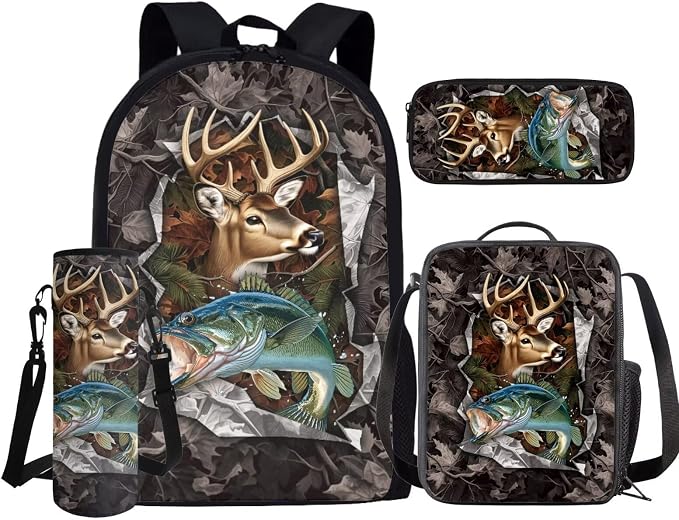 GIFTPUZZ Deer Fish Backpack 17 Inch Set Boys 8-10 | Camo 4-Piece Set, Lunch Box, Water Bottle Sleeve, 3rd Grade Back to School Book Bags - Image 2