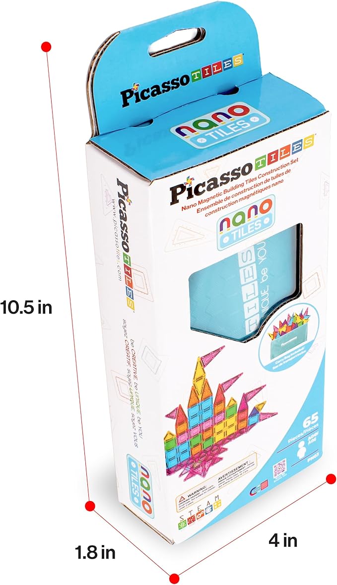 PicassoTiles 65pc Nano Magnetic Tile Travel Size Mini Portable Toy Construction Building Blocks Playset with Storage Bag Pouch STEM Montessori Classroom Magnet Tiles Stacking Toys for Kids Age 3+ PN03