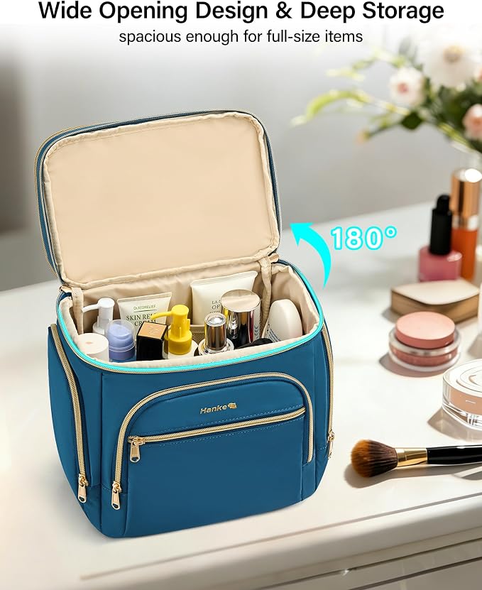 Hanke Large Toiletry Bag for Women Travel, Double Layer Organizer with Wide Opening for Full-Size Cosmetics & Toiletries, 12.2L Water-Resistant Makeup Bag,Navy Blue - Image 2