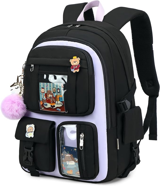 LXYGD Laptop Backpacks 16 Inch School Bag College Backpack 3 PCS with Lunch Box Pencil Pouch Set Large Travel Daypack Kawaii Bookbags for Teens Girls Women Students (Black Purple) - Image 7