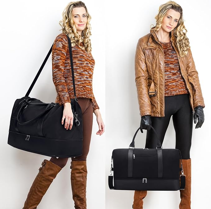 Oeihuivt Weekender Bags for Women - 21 Inch Large Travel Duffel Bag 2-Piece Set with Shoe Compartment, Heavy-Duty nylon & Leather Carry On Overnight Tote (Airplane Approved) - Image 8