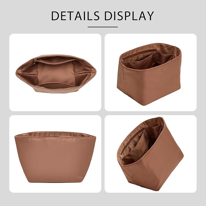 Picotin 18 Bag Insert Premium Nylon, Luxury Smooth Picotin 18 Purse Organizer Insert with Zipper Pockets, Soft Touch Inner Liner for Women's Handbags(PC18, Gold Brown) - Image 8