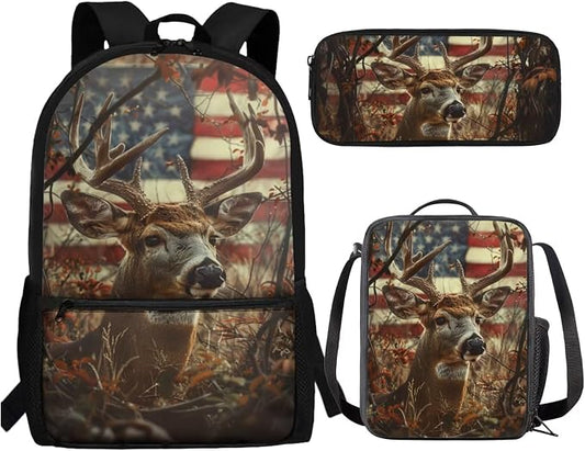 American Flag Deer School Backpack for Teens Girls with Lunch Box Hunting Elementary Student Bookbag for Kids 10-12/12-14/8-10 Lunch Bag Middle Schoolbag Lunchbox Pencil Case Book Bag Set by SCRAWLGODDreamWardrobe