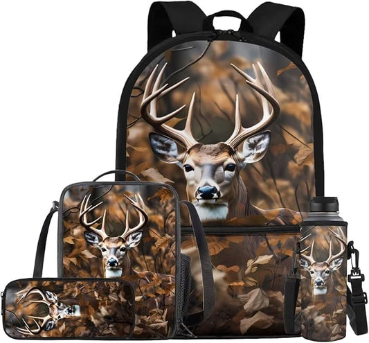 Deer Camo Backpack for Boys Kids Backpack with Lunch Box Water Bottle Bag and Soft Pencil Case 4PCS Set Bookbag with Front Pocket for School Teens 17 inch Sturdy School Bag with Side Pocket by ELEDIZI