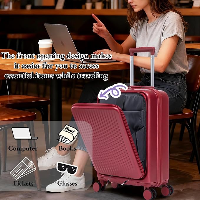 2 Pcs ABS Spinner Luggage Set - 14" Cosmetic Case & 20" Carry-On with Combination Lock, Front Opening Design, Red - Image 3