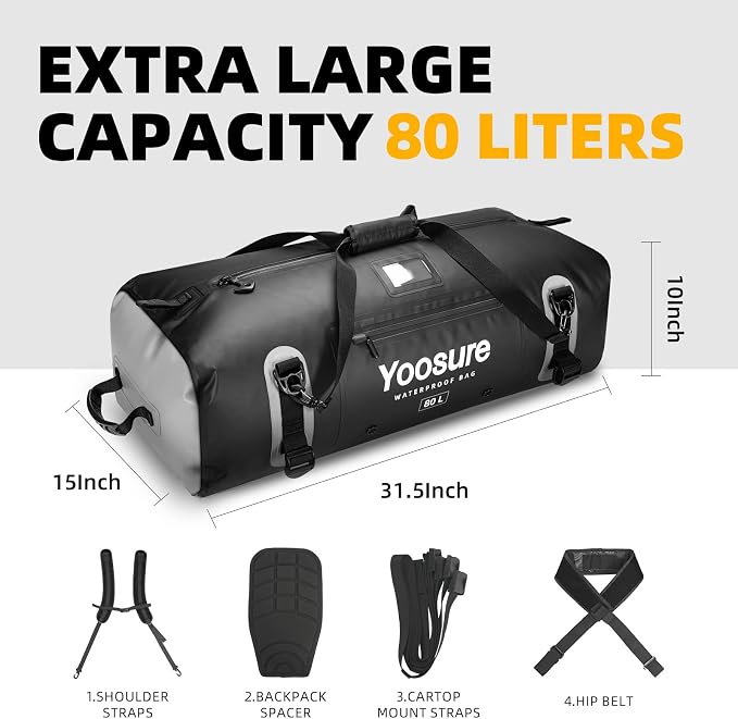 80 lt Waterproof Duffel Bag Motorcycle Dry Bag Backpack, Waterproof Zippered Bags with Backpack Spacer Pad for Kayaking Rafting Boating Canoeing Camping Paddle Beach (Black) - Image 4