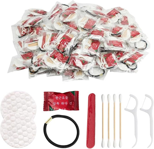 100 Pcs Hotel Vanity Kit Individually Wrapped Bulk Travel Hospitality Supplies Disposable Hygiene Products Cotton Pads, Cotton Swabs, Hair Tie, Nail File, Dental Floss for Motels Toiletries Homeless